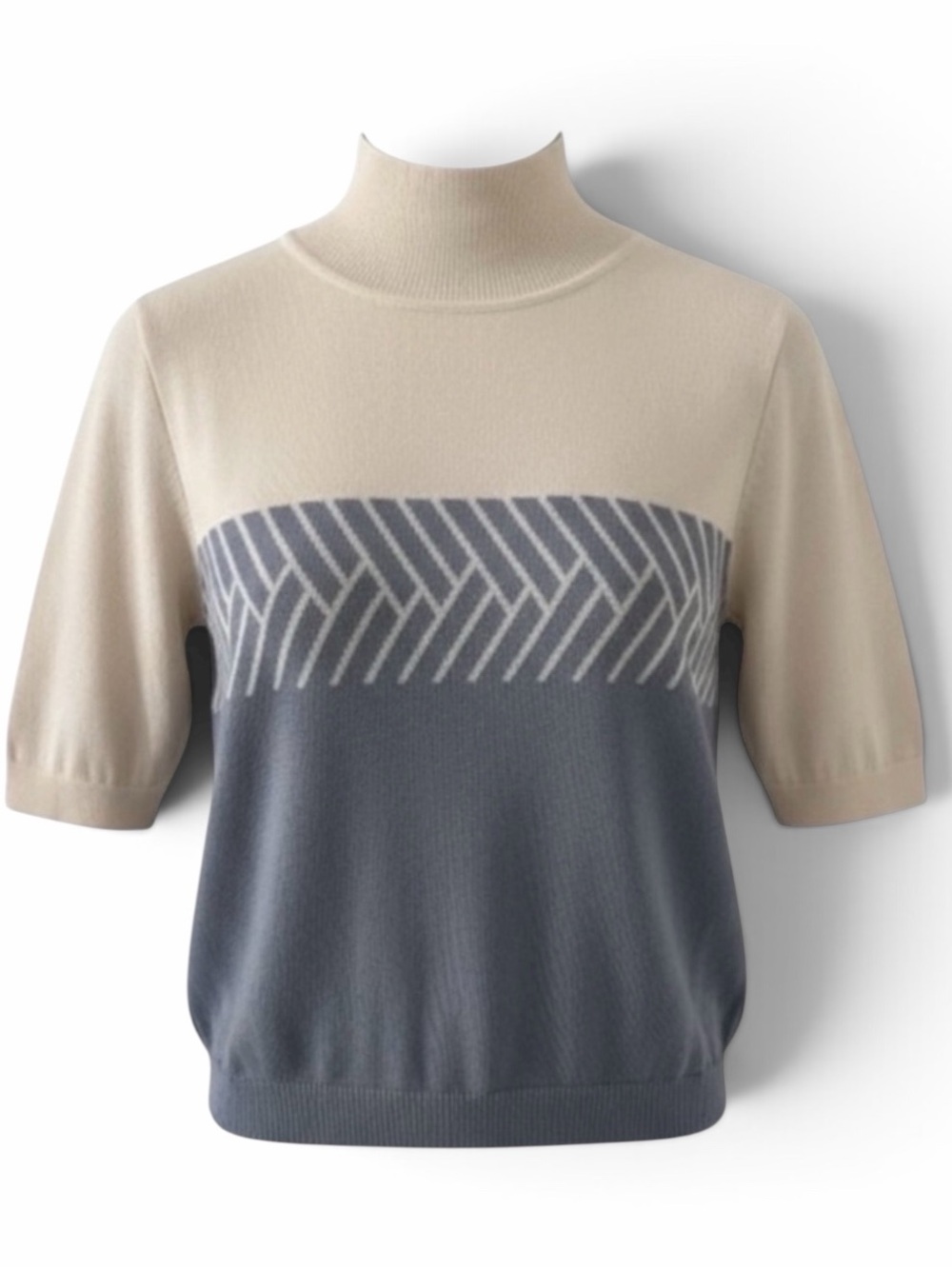 Como Sport Cream & Slate Blue Mock Neck Short Sleeve Wool Silk Blend Sweater